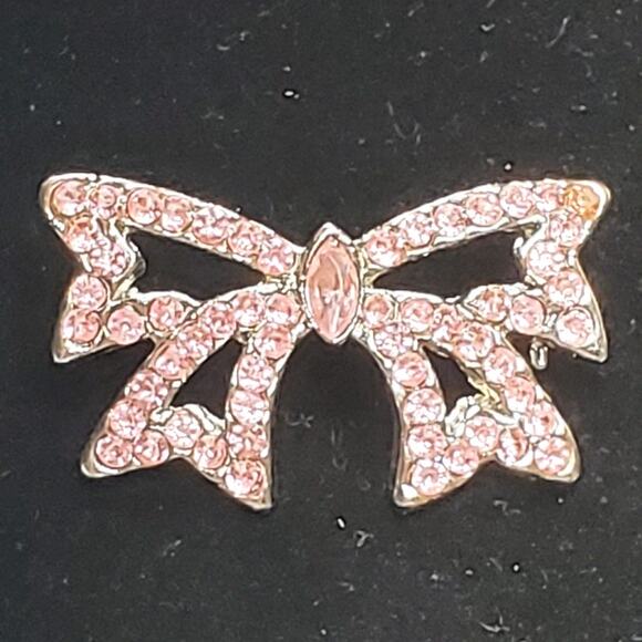 Pink Rhinestone Silver Tone Bow Unsigned Brooch Pin 1" Vtg - Picture 2 of 4